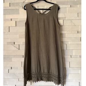 ROSEMARINE Made in Italy LINEN Sleeveless Crochet Lace Hem Dress Dusty Olive M
